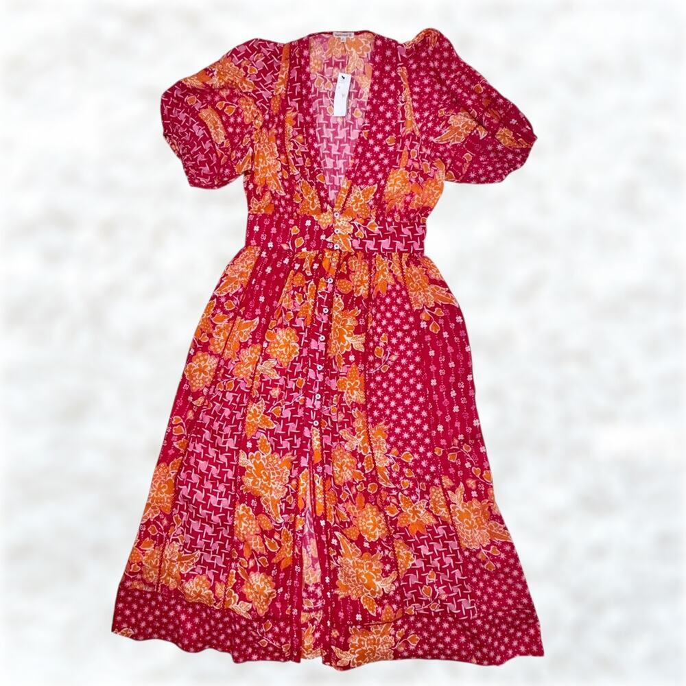 NEW Poupette St. Barth Reine Shirt Dress Fuchsia Pockets Midi Floral Cotton S
